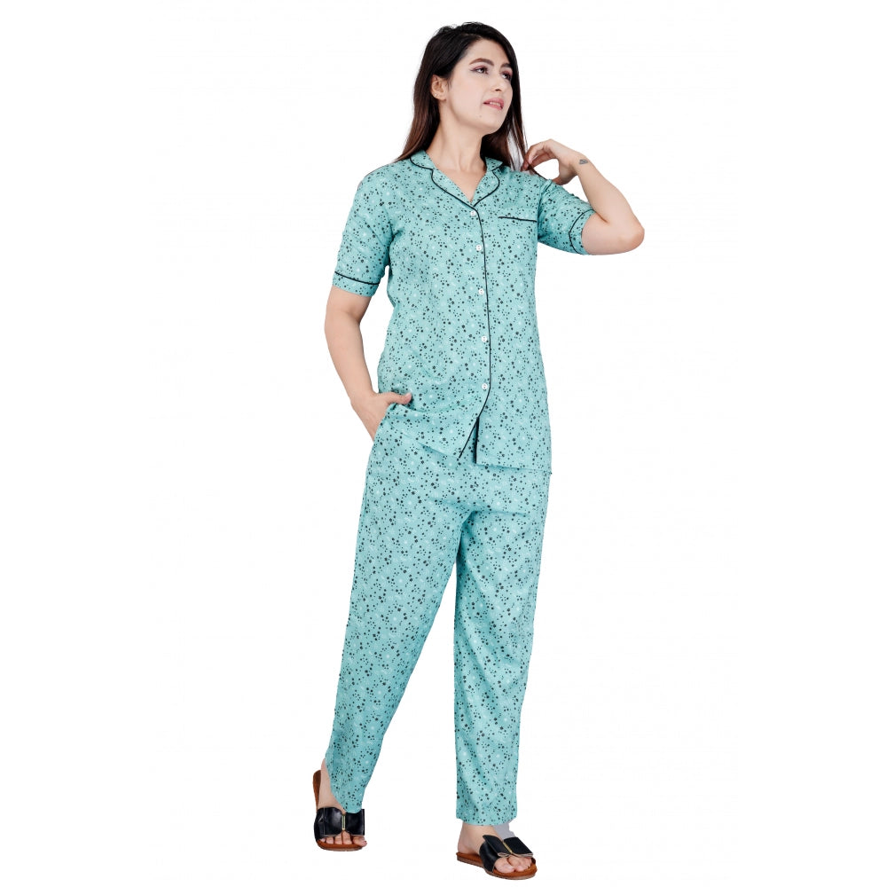 Seduva Women's Casual Half Sleeve Printed Viscose Rayon Shirt With Pyjama Pant Night Suit Set (Green)