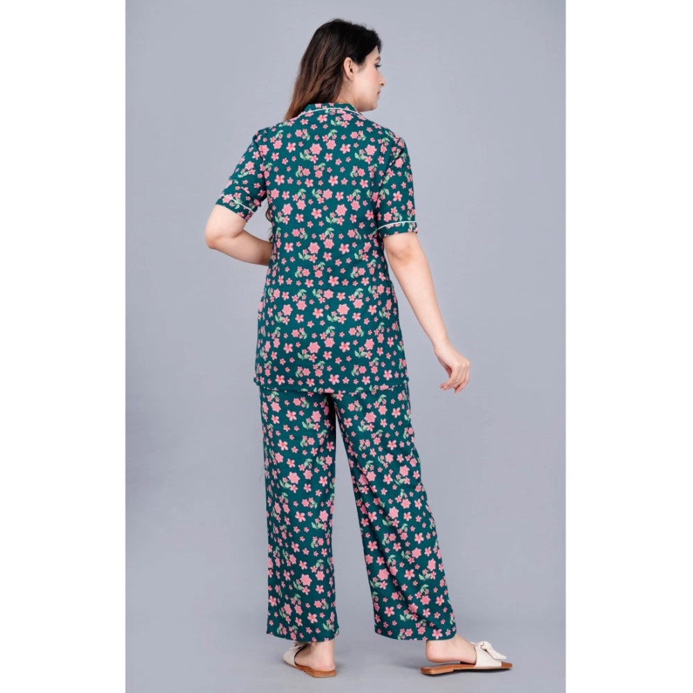 Seduva Women's Casual Half Sleeve Printed Viscose Rayon Shirt With Pyjama Pant Night Suit Set (Teal)