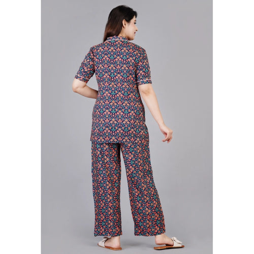 Seduva Women's Casual Half Sleeve Printed Viscose Rayon Shirt With Pyjama Pant Night Suit Set (Blue)