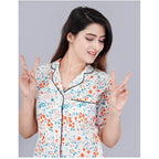 Seduva Women's Casual Half Sleeve Printed Viscose Rayon Shirt With Pyjama Pant Night Suit Set (White)