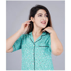 Seduva Women's Casual Half Sleeve Printed Viscose Rayon Shirt With Pyjama Pant Night Suit Set (Green)