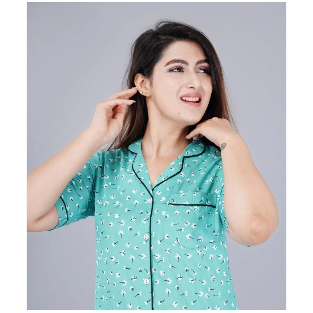 Seduva Women's Casual Half Sleeve Printed Viscose Rayon Shirt With Pyjama Pant Night Suit Set (Green)