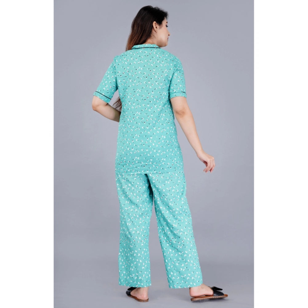 Seduva Women's Casual Half Sleeve Printed Viscose Rayon Shirt With Pyjama Pant Night Suit Set (Green)