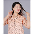 Seduva Women's Casual Half Sleeve Printed Viscose Rayon Shirt With Pyjama Pant Night Suit Set (Peach)