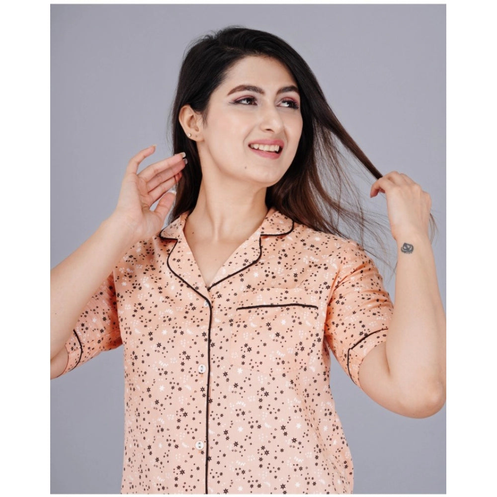 Seduva Women's Casual Half Sleeve Printed Viscose Rayon Shirt With Pyjama Pant Night Suit Set (Peach)
