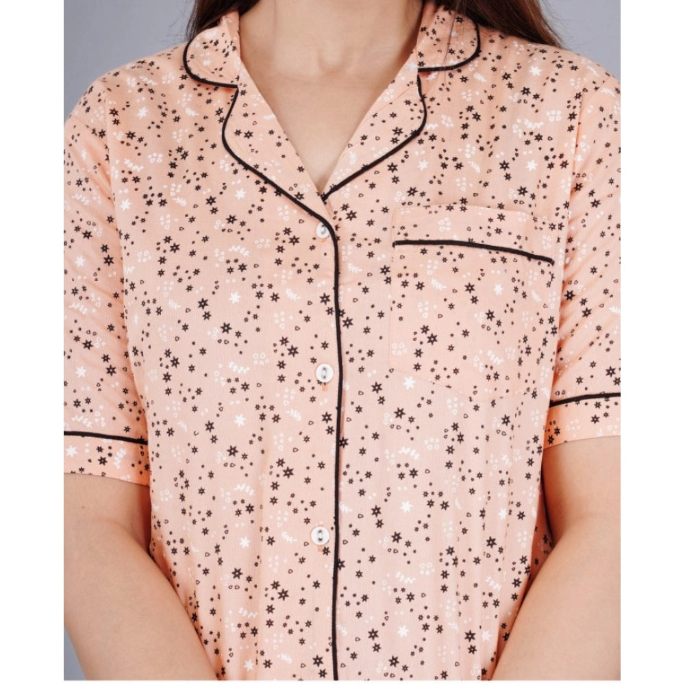 Seduva Women's Casual Half Sleeve Printed Viscose Rayon Shirt With Pyjama Pant Night Suit Set (Peach)
