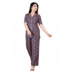 Seduva Women's Casual Half Sleeve Printed Viscose Rayon Shirt With Pyjama Pant Night Suit Set (Blue)