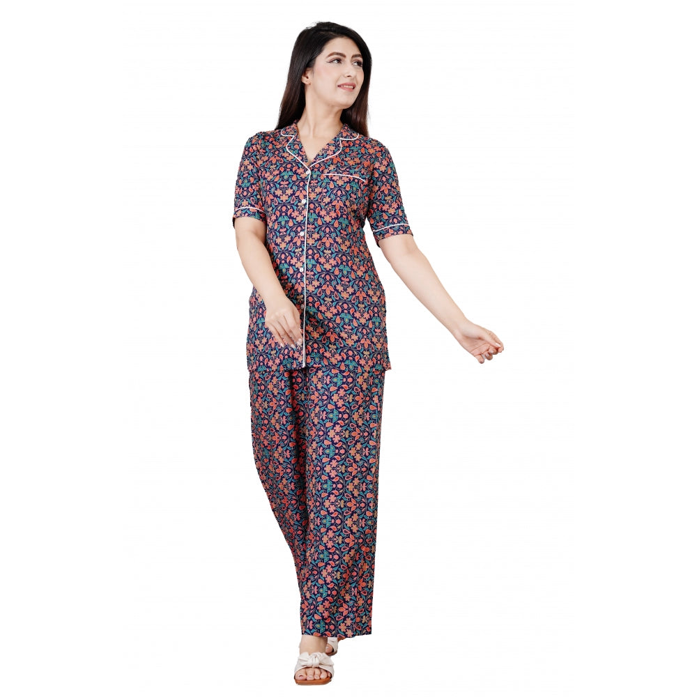 Seduva Women's Casual Half Sleeve Printed Viscose Rayon Shirt With Pyjama Pant Night Suit Set (Blue)