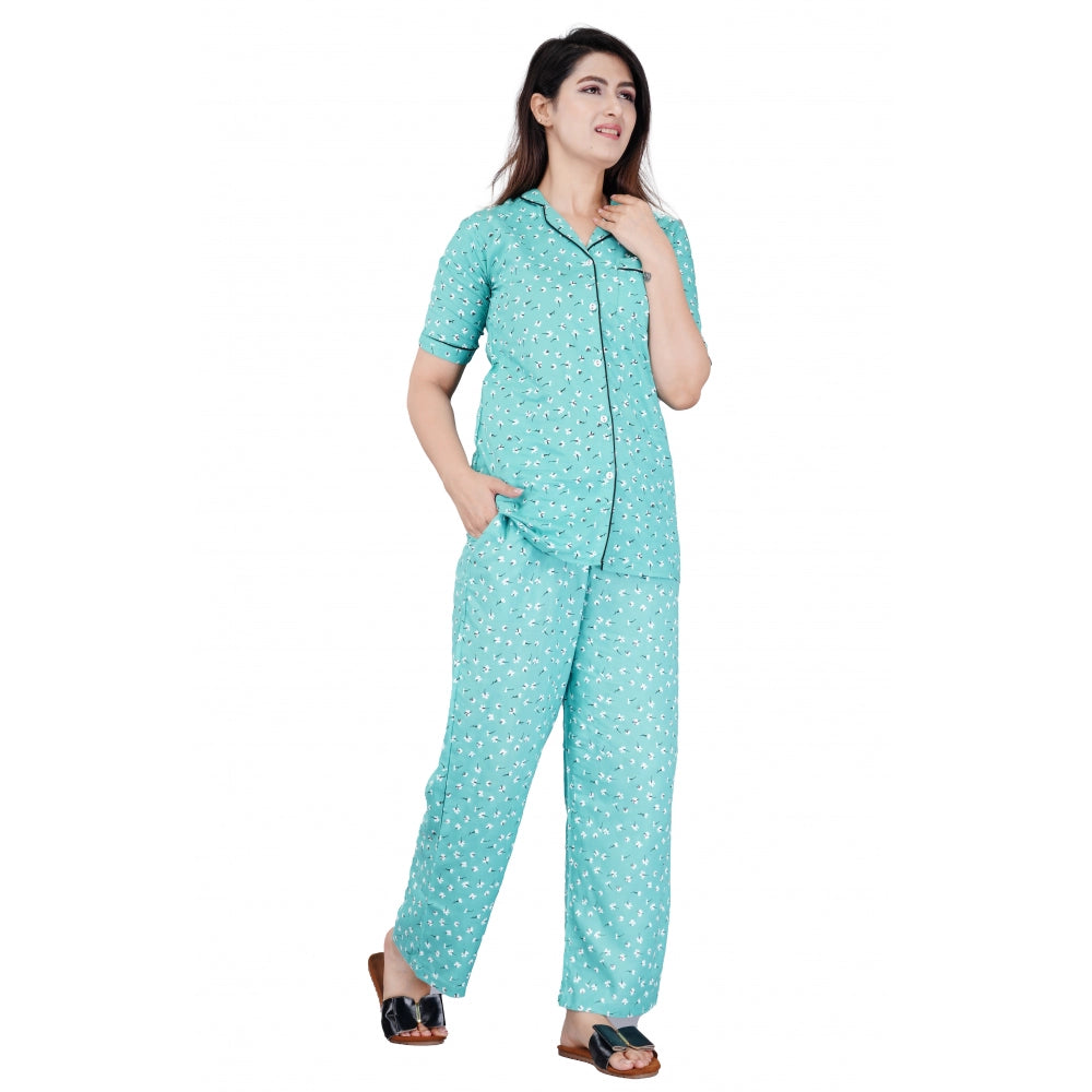 Seduva Women's Casual Half Sleeve Printed Viscose Rayon Shirt With Pyjama Pant Night Suit Set (Green)