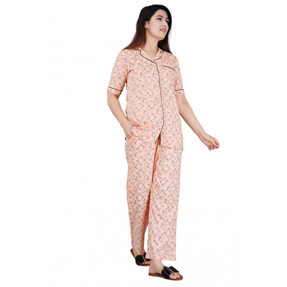 Seduva Women's Casual Half Sleeve Printed Viscose Rayon Shirt With Pyjama Pant Night Suit Set (Peach)