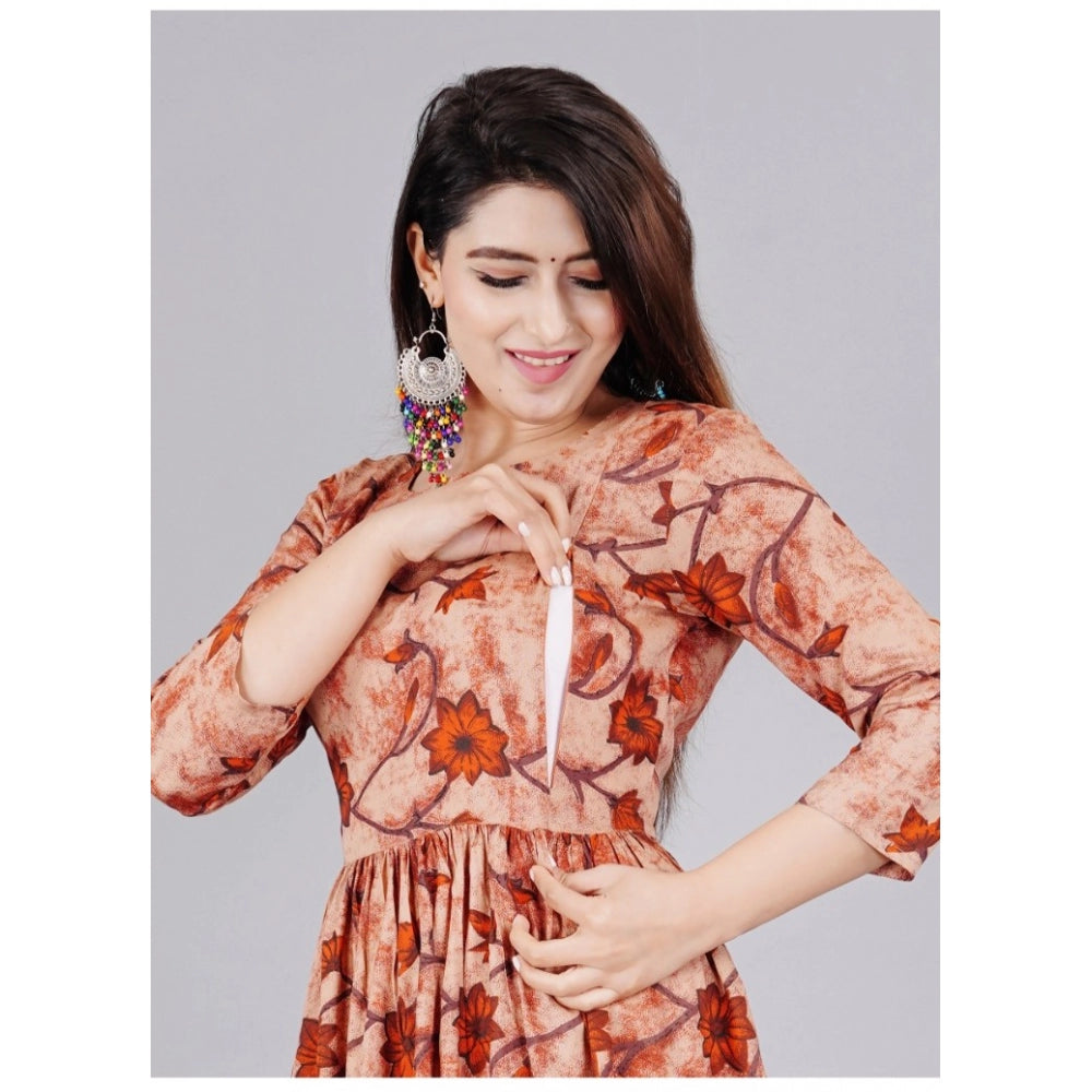 Seduva Women's Casual 3/4 Sleeve Printed Viscose Maternity Feeding Kurti (Brown)