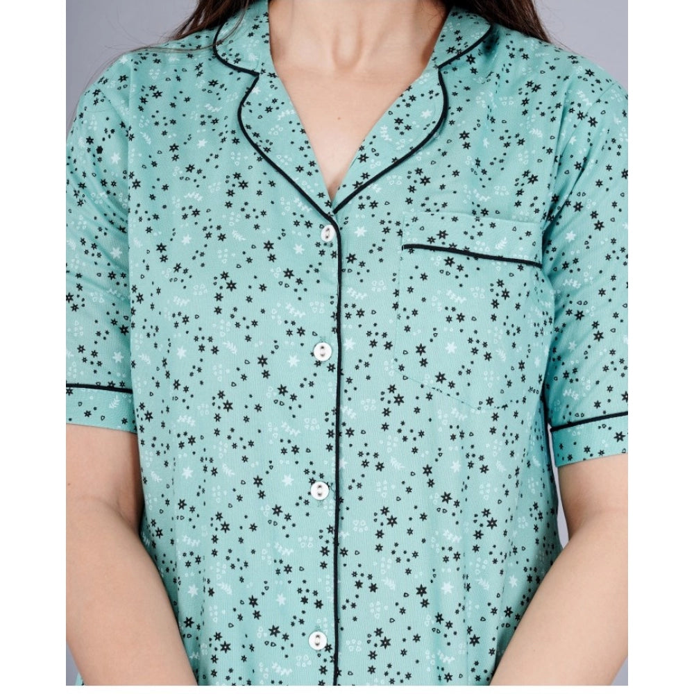 Seduva Women's Casual Half Sleeve Printed Viscose Rayon Shirt With Pyjama Pant Night Suit Set (Green)