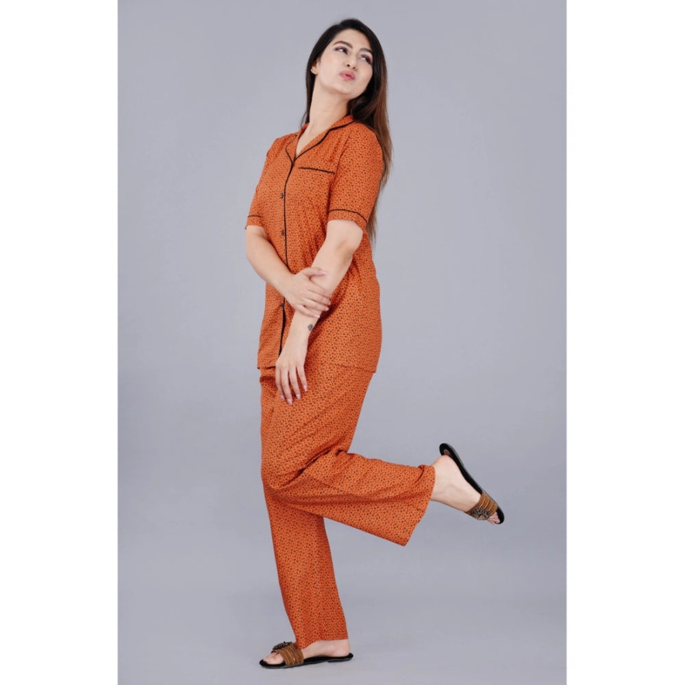 Seduva Women's Casual Half Sleeve Printed Viscose Rayon Shirt With Pyjama Pant Night Suit Set (Brown)