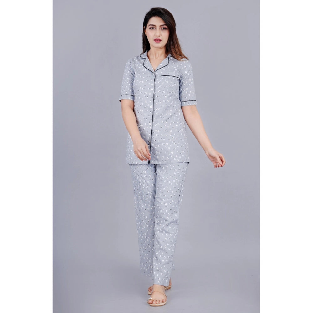Seduva Women's Casual Half Sleeve Printed Viscose Rayon Shirt With Pyjama Pant Night Suit Set (Grey)