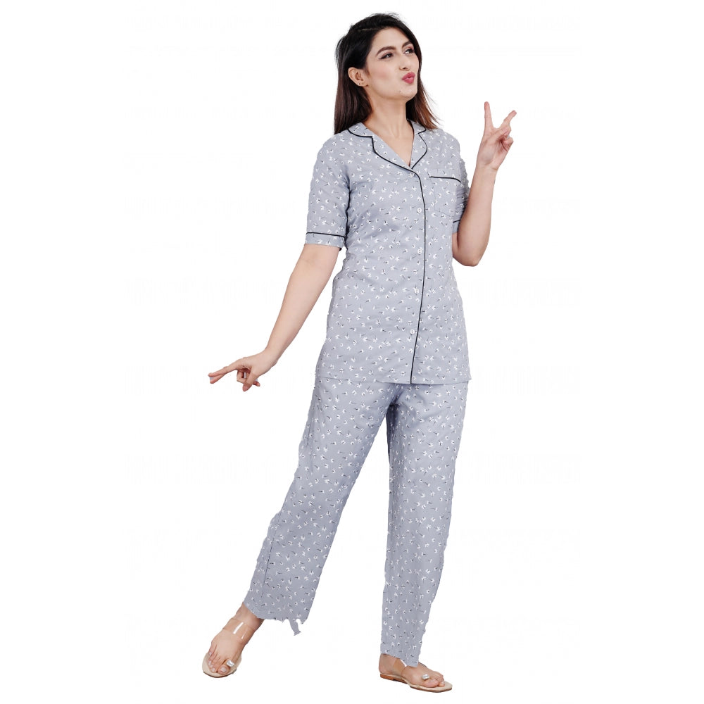 Seduva Women's Casual Half Sleeve Printed Viscose Rayon Shirt With Pyjama Pant Night Suit Set (Grey)