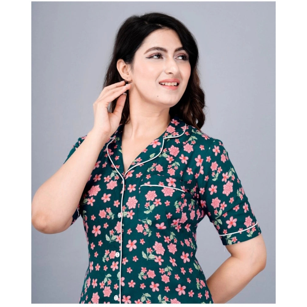 Seduva Women's Casual Half Sleeve Printed Viscose Rayon Shirt With Pyjama Pant Night Suit Set (Teal)