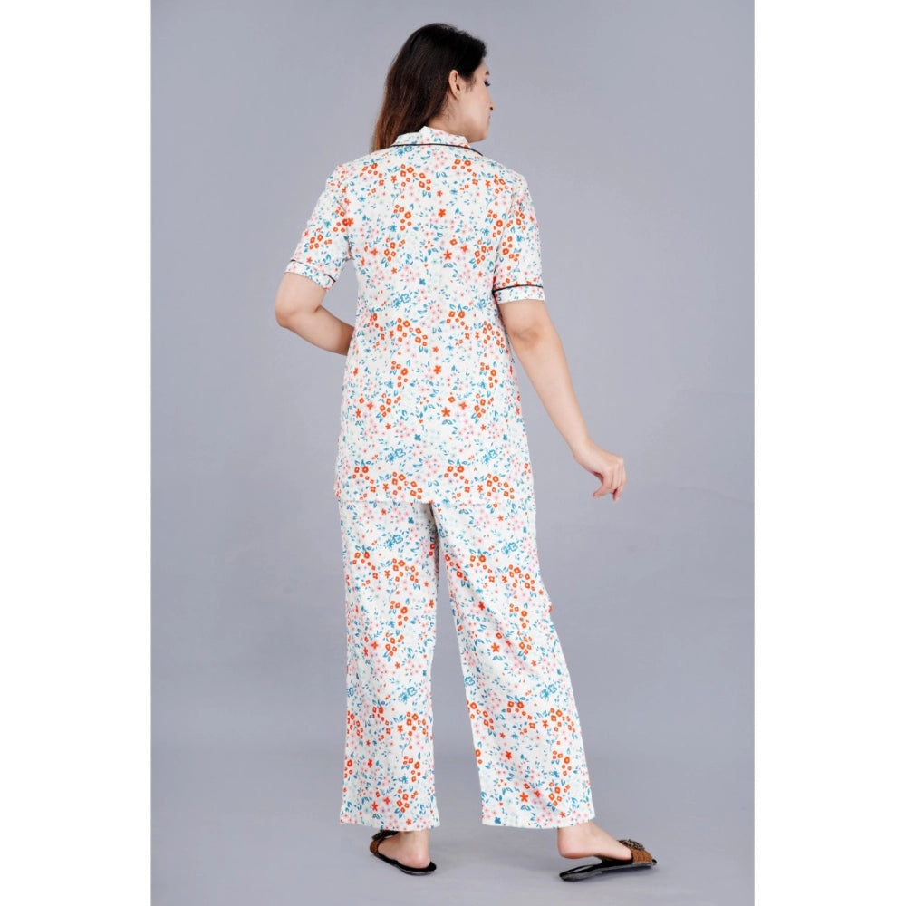 Seduva Women's Casual Half Sleeve Printed Viscose Rayon Shirt With Pyjama Pant Night Suit Set (White)