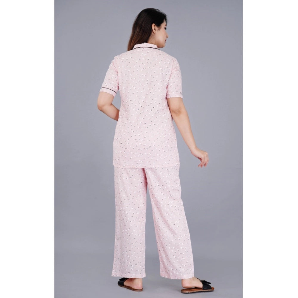 Seduva Women's Casual Half Sleeve Printed Viscose Rayon Shirt With Pyjama Pant Night Suit Set (Pink)