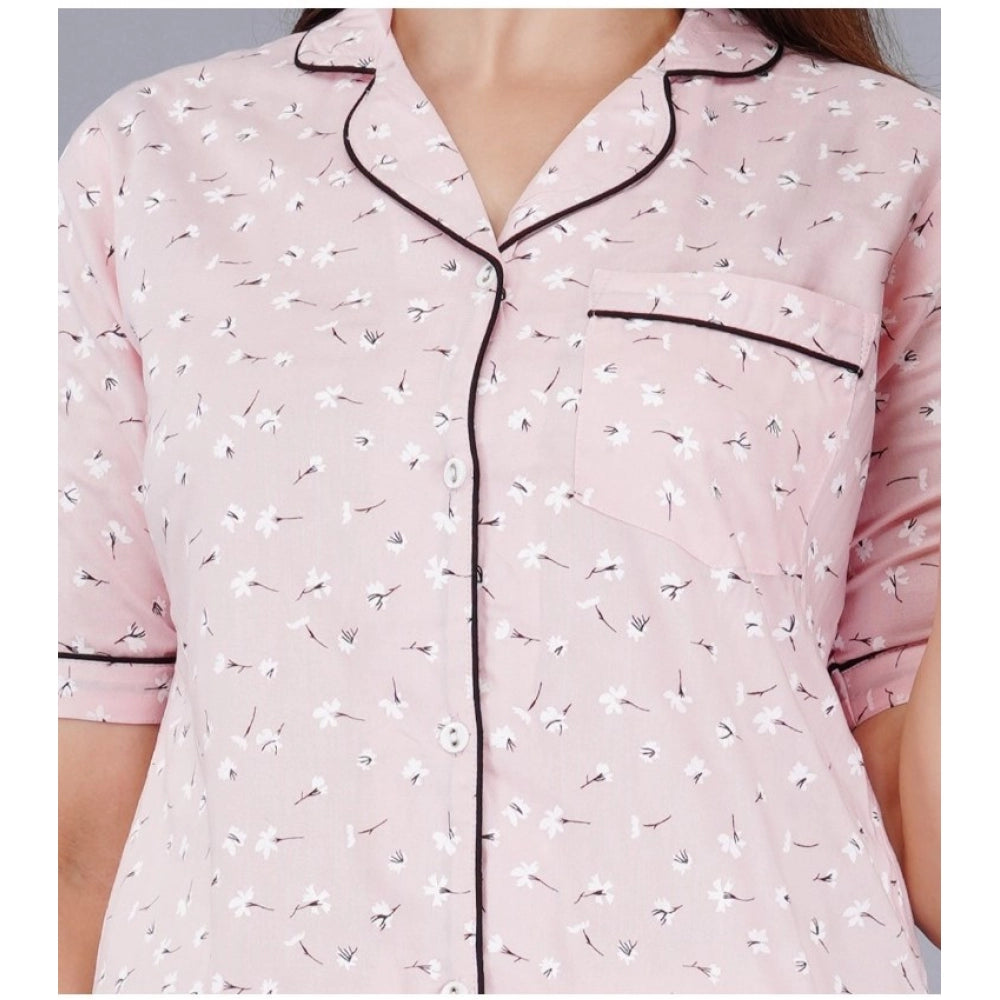 Seduva Women's Casual Half Sleeve Printed Viscose Rayon Shirt With Pyjama Pant Night Suit Set (Pink)