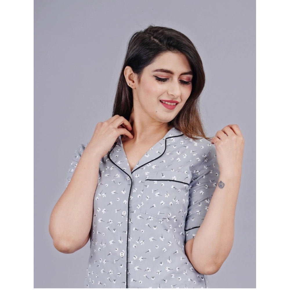 Seduva Women's Casual Half Sleeve Printed Viscose Rayon Shirt With Pyjama Pant Night Suit Set (Grey)