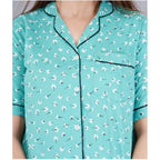 Seduva Women's Casual Half Sleeve Printed Viscose Rayon Shirt With Pyjama Pant Night Suit Set (Green)