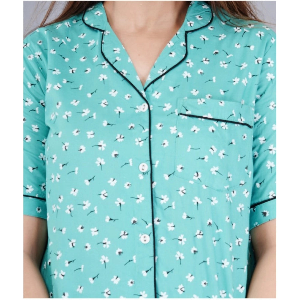 Seduva Women's Casual Half Sleeve Printed Viscose Rayon Shirt With Pyjama Pant Night Suit Set (Green)