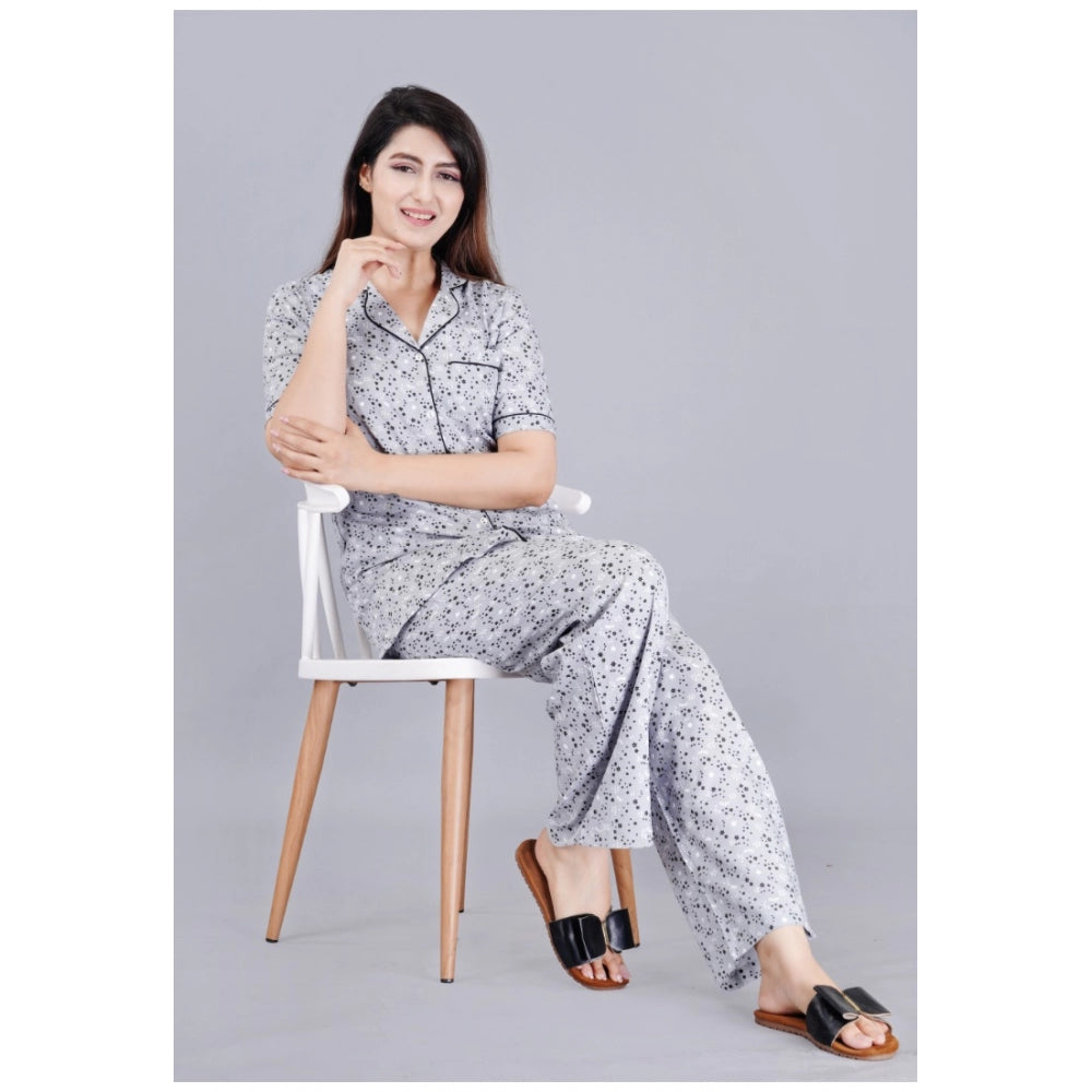 Seduva Women's Casual Half Sleeve Printed Viscose Rayon Shirt With Pyjama Pant Night Suit Set (Grey)