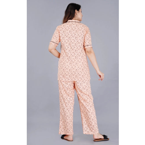 Seduva Women's Casual Half Sleeve Printed Viscose Rayon Shirt With Pyjama Pant Night Suit Set (Peach)
