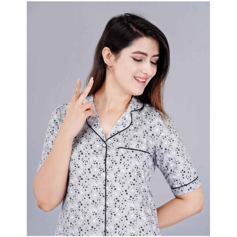 Seduva Women's Casual Half Sleeve Printed Viscose Rayon Shirt With Pyjama Pant Night Suit Set (Grey)
