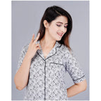 Seduva Women's Casual Half Sleeve Printed Viscose Rayon Shirt With Pyjama Pant Night Suit Set (Grey)