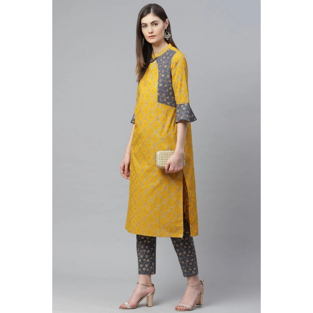 Seduva Women's Casual Bell Sleeves Geomatrical Printed Cotton Kurti Set (Yellow)