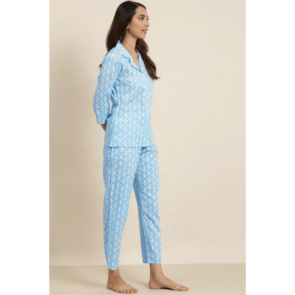 Seduva Women's Casual 3/4 th Sleeve Floral Printed Rayon Shirt With Pyjama Pant Night Suit Set (Blue)