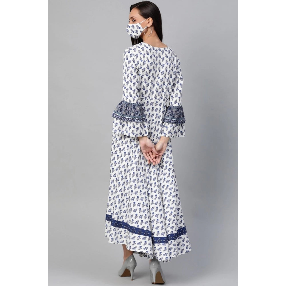 Seduva Women's Casual Bell Sleeve Floral Printed Rayon Dress (White &amp; Blue)
