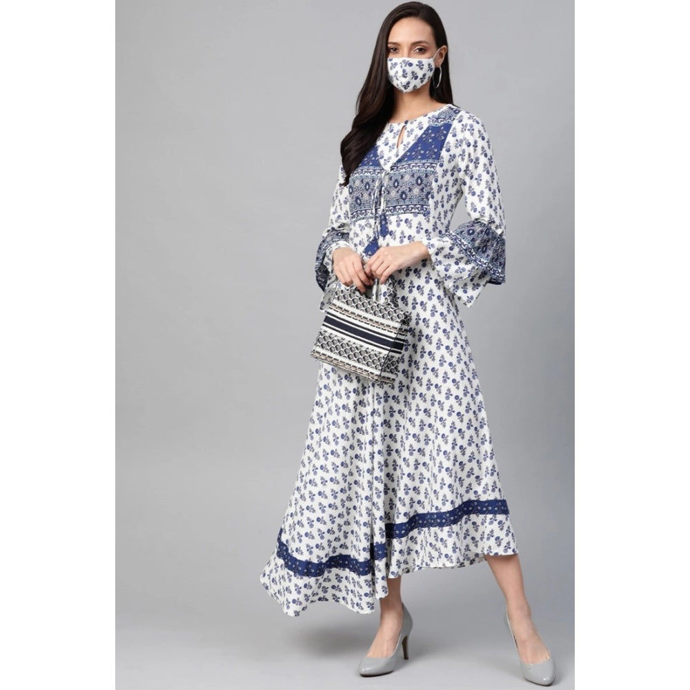 Seduva Women's Casual Bell Sleeve Floral Printed Rayon Dress (White &amp; Blue)