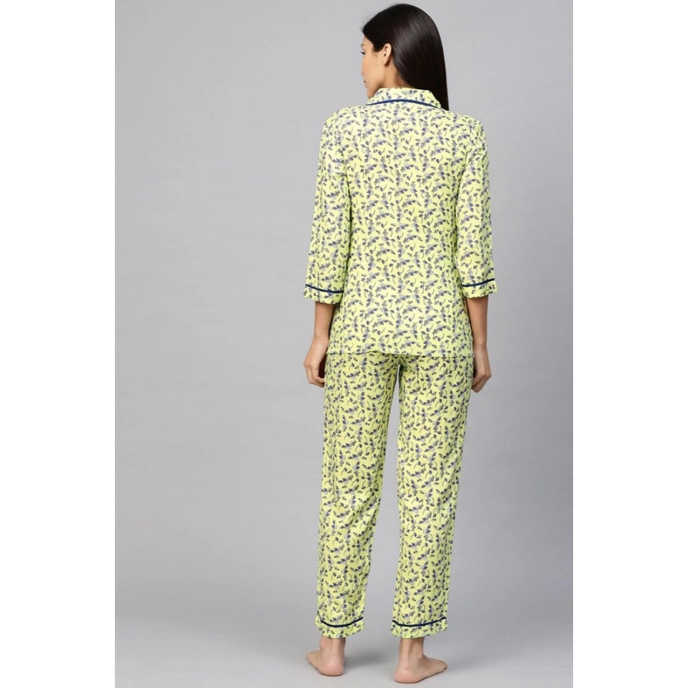 Seduva Women's Casual 3/4 Sleeve Floral Printed Rayon Shirt With Pyjama Pant Night Suit Set (Green)