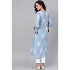Seduva Women's Casual 3/4 th Sleeve Embroidery Cambric Cotton Kurti (Blue)