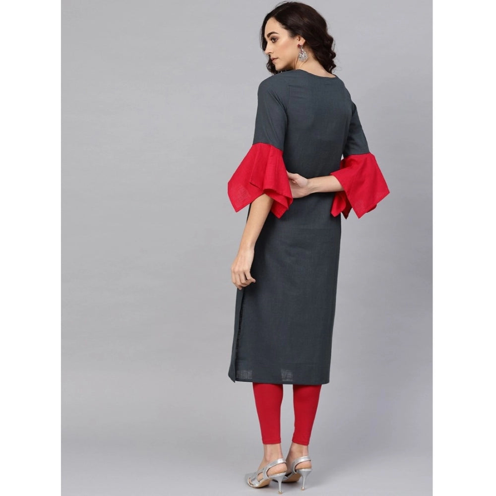Seduva Women's Casual Bell Sleeves Mirror Work Cotton Slub Kurti (Grey)