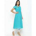 Seduva Women's Casual Short Sleeve Embroidery Cotton Slub Kurti (Torque Green)
