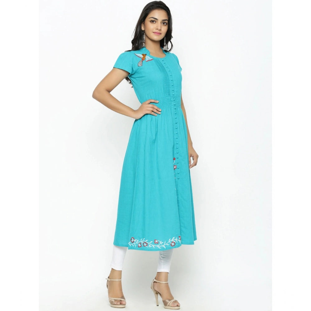 Seduva Women's Casual Short Sleeve Embroidery Cotton Slub Kurti (Torque Green)