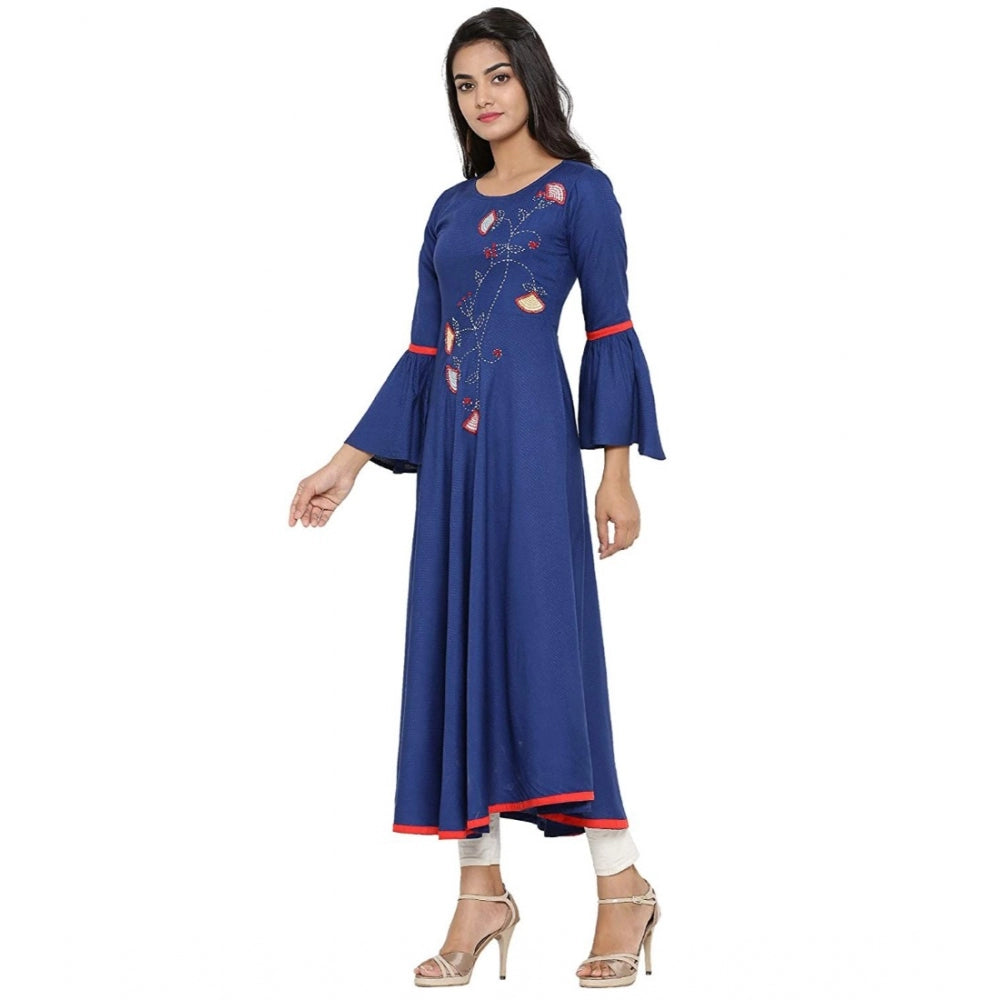Seduva Women's Casual Bell Sleeves Embroidery Rayon Kurti (Blue)