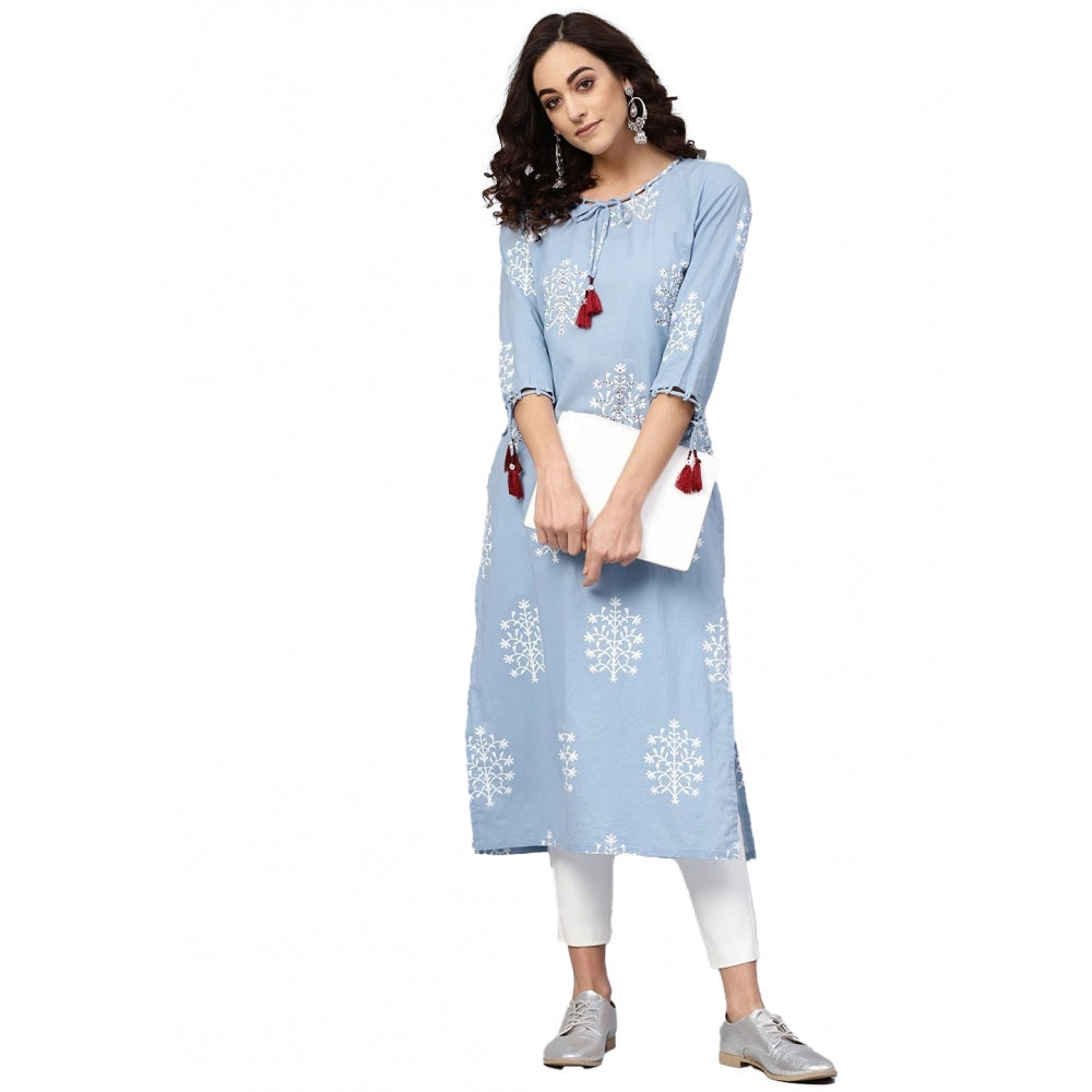 Seduva Women's Casual 3/4 th Sleeve Embroidery Cambric Cotton Kurti (Blue)