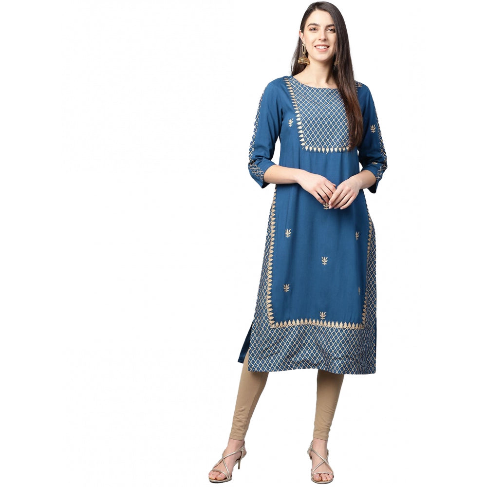 Seduva Women's Casual 3/4 th Sleeve Floral Printed Rayon Kurti (Blue)