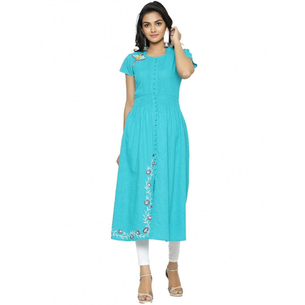 Seduva Women's Casual Short Sleeve Embroidery Cotton Slub Kurti (Torque Green)