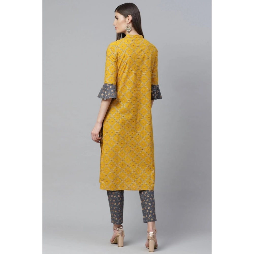 Seduva Women's Casual Bell Sleeves Geomatrical Printed Cotton Kurti Set (Yellow)