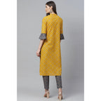 Seduva Women's Casual Bell Sleeves Geomatrical Printed Cotton Kurti Set (Yellow)