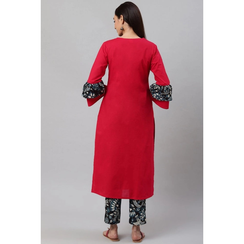 Seduva Women's Casual Bell Sleeves Floral Printed Cotton Kurti Set (Rani Pink)