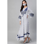 Seduva Women's Casual Bell Sleeve Floral Printed Rayon Dress (White &amp; Blue)
