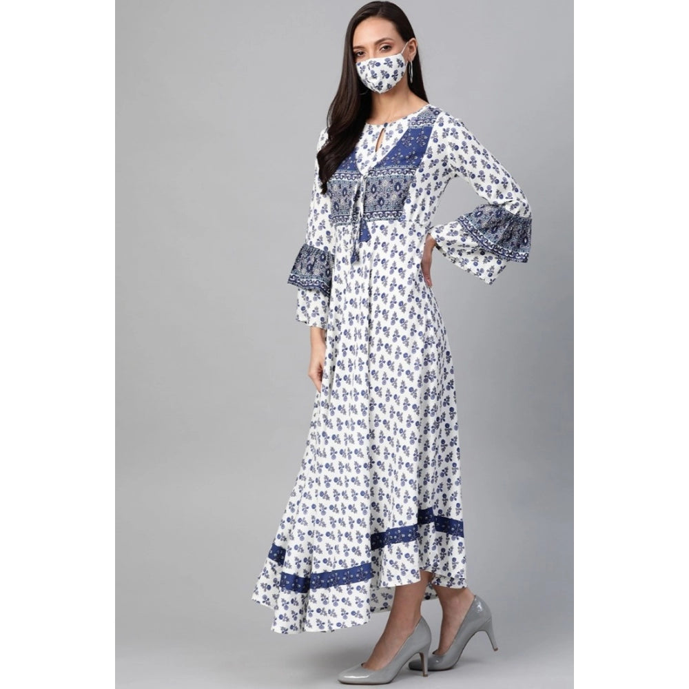 Seduva Women's Casual Bell Sleeve Floral Printed Rayon Dress (White &amp; Blue)