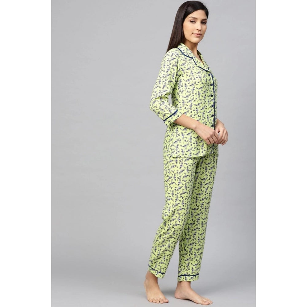 Seduva Women's Casual 3/4 Sleeve Floral Printed Rayon Shirt With Pyjama Pant Night Suit Set (Green)
