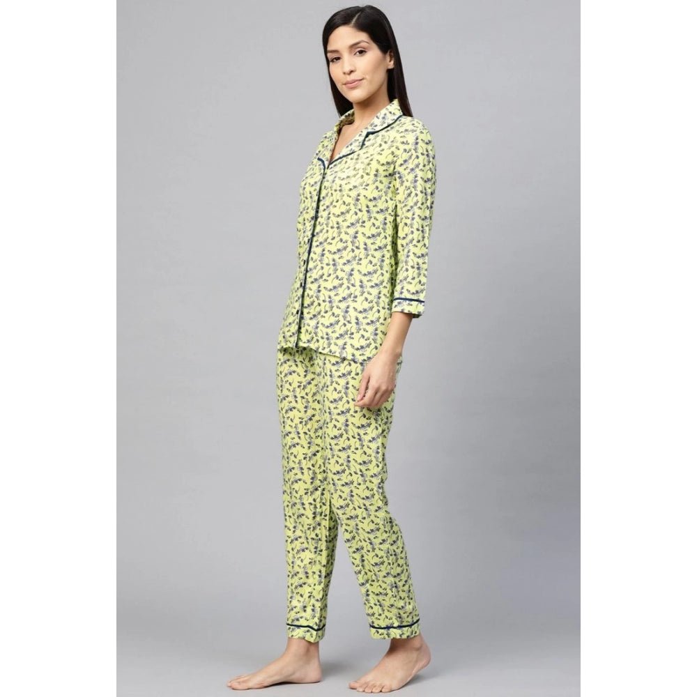 Seduva Women's Casual 3/4 Sleeve Floral Printed Rayon Shirt With Pyjama Pant Night Suit Set (Green)